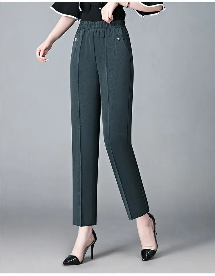 Office Lady Vintage Loose Straight Pants Spring Summer Thin Women Streetwear Fashion Casual Elastic High Waist Cropped Trousers