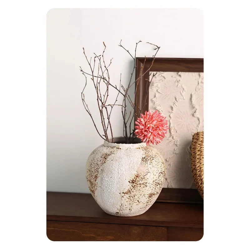 Ceramic Vase Mottled Antique Pottery Jar Wabi Sabi Style Decoration Foyer TV Cabinet Flower Arrangement Ceramic Large Vase Decor