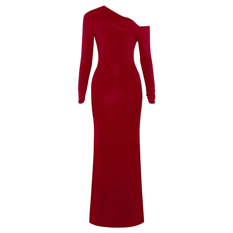Women's Dresses Autumn New Sexy One-Shoulder Red Dress Streetwear Fashion Casual Slim Elegant Female Club Knitted Dress Clothing