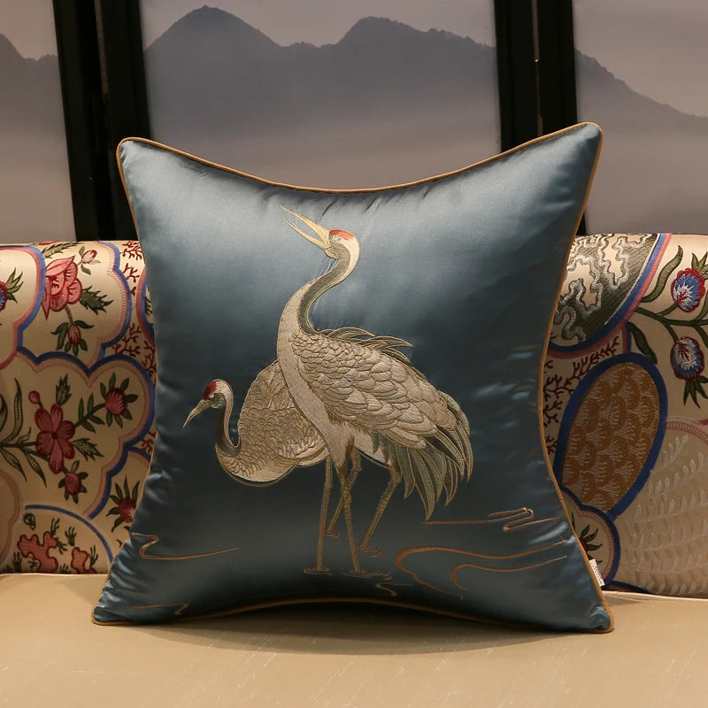Chinese Style Crane Hugging Pillowcase Living Room Sofa Decoration Embroidered Cushion Cover Home Decor Luxury Pillow Covers