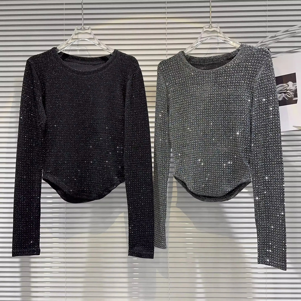 Fat people oversized wear 300 catties fashion rhinestone diamond bright silk curved edge women's long-sleeved T-shirt