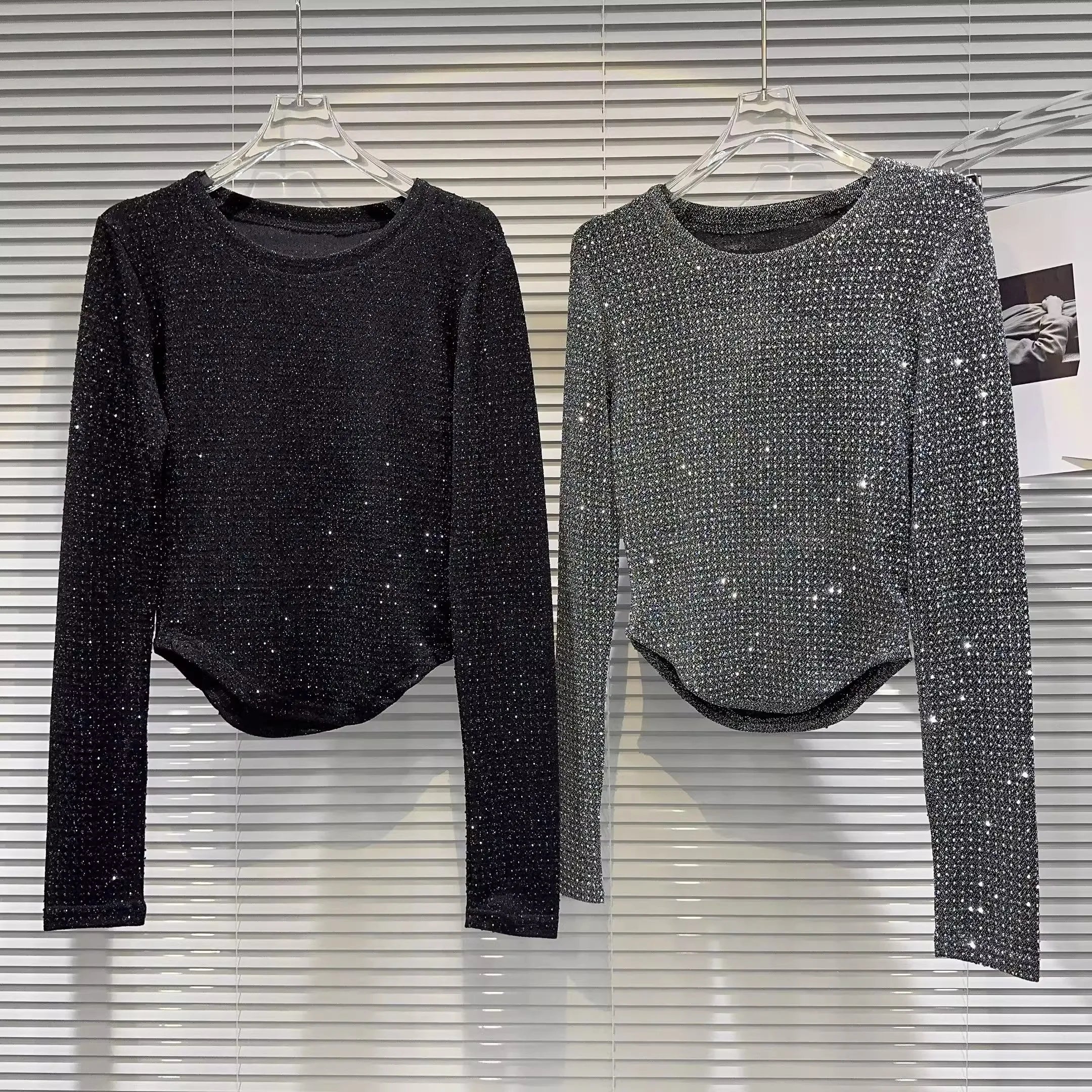Fat people oversized wear 300 catties fashion rhinestone diamond bright silk curved edge women's long-sleeved T-shirt