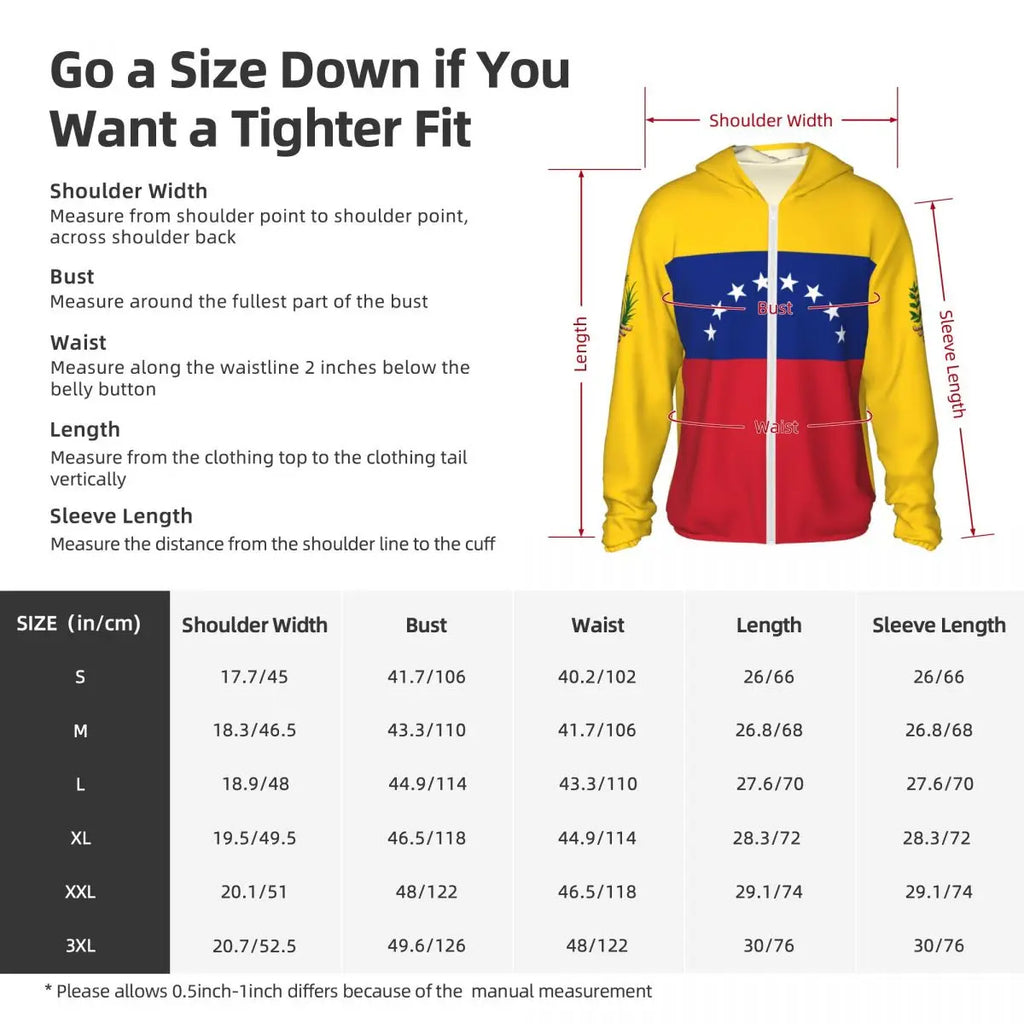 Venezuela Flag Polyester Hoodie Sunscreen Sun Protection Fishing Running Clothes Quick Dry Performance Long Sleeve With Zipper