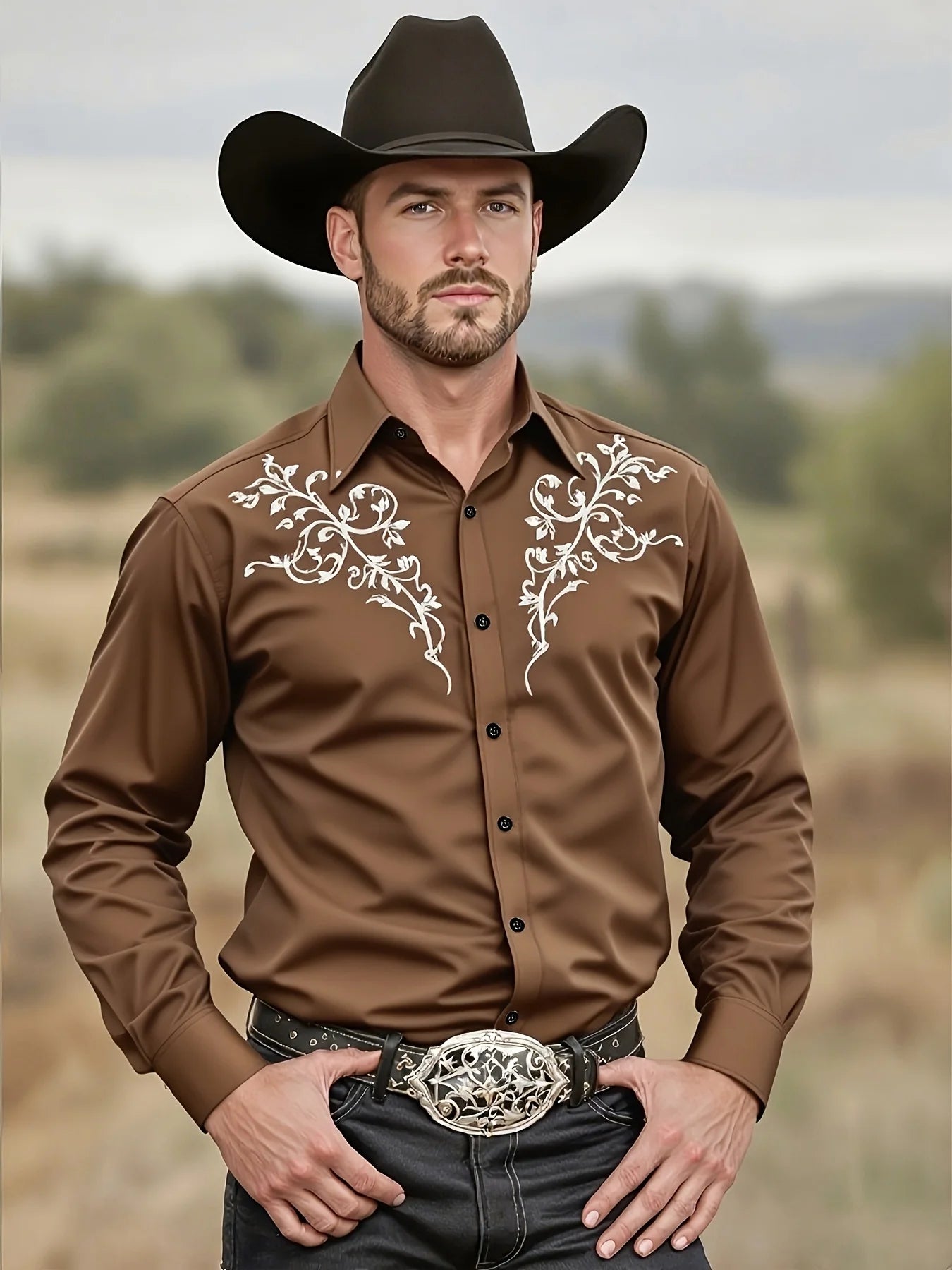 Men's Tribal Pattern Long Sleeve Men's Black Western Cowboy Shirt Western Event Attire  Stylish Men'S Shirt Slim Fit Shirt