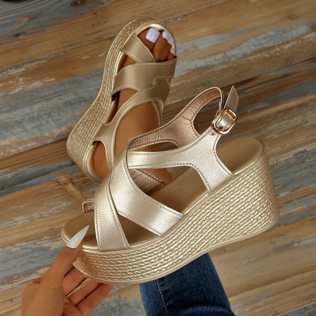 Women Sandals Summer New Golden Wedges Ankle Buckle High Heels Shoes Peep Toe Open To Elegant Sexy Sandals for Women