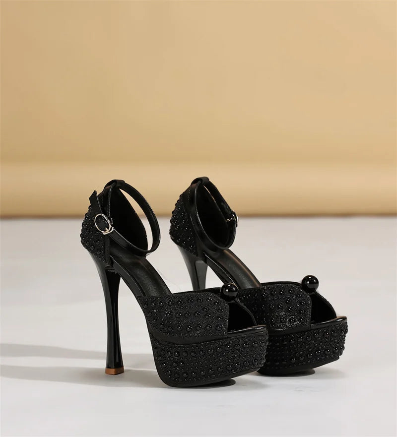 Liyke Sexy Black White High Heels Platform Sandals Women Summer Fashion Design Pearl Peep Toe Wedding Prom Shoe Zapatos De Mujer