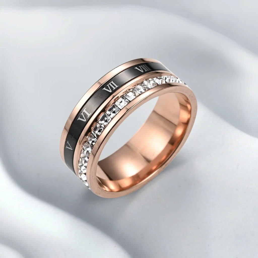 1 Piece of Niche Luxury Roman Numeral Double-Ring Titanium Steel Ring with Micro-Inlaid Zircon for Women, Suitable for Commuting and Street Style, Valentine's Day Gift