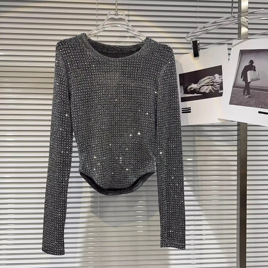 Fat people oversized wear 300 catties fashion rhinestone diamond bright silk curved edge women's long-sleeved T-shirt