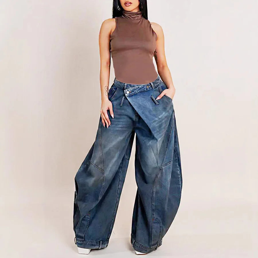 Wide Leg Pants Women Vintage Denim Jeans Punk Style Loose Trousers Stretch Mid Waist Washed Distressed 2026 Mom Streetwear