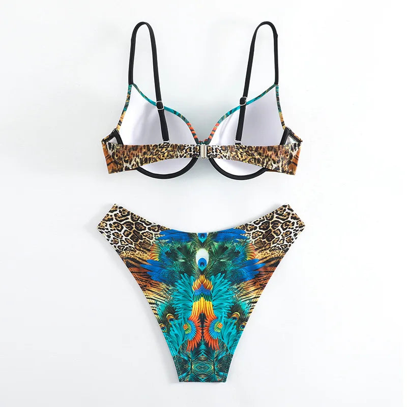 Green Peacock Print Bikini Set 2026 – Rhinestone Low Waist Thong Swimsuit
