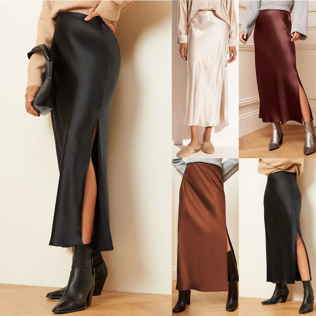 Silk Satin High Waist Pencil Skirt – Korean Style Elegant Long Skirt
