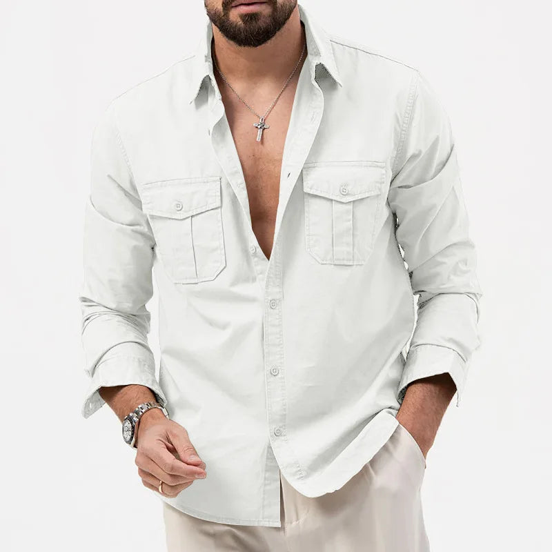 New Men Shirts Long Sleeve Casual Spring Summer Retro Work Multi-pocket Slim Social Business Casual Blouse Solid Color Shirt
