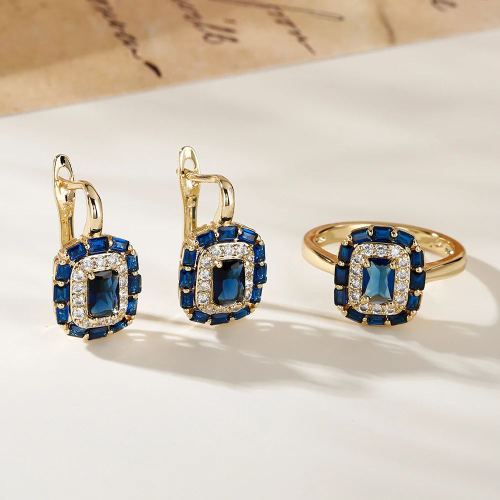 Square design inlaid zircon earrings ring for women fashion jewelry copper plated 14K gold exquisite luxury suit jewelry gift