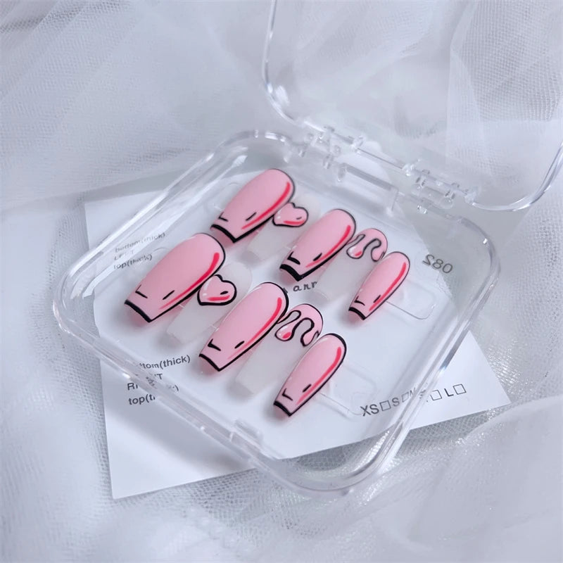 Handmade Cute Press on Nails 3D Comic Fake Nails Dreamy Pink Hearts Acrylic False Nails Full Cover Finger Tips Kit Nail Art Girl