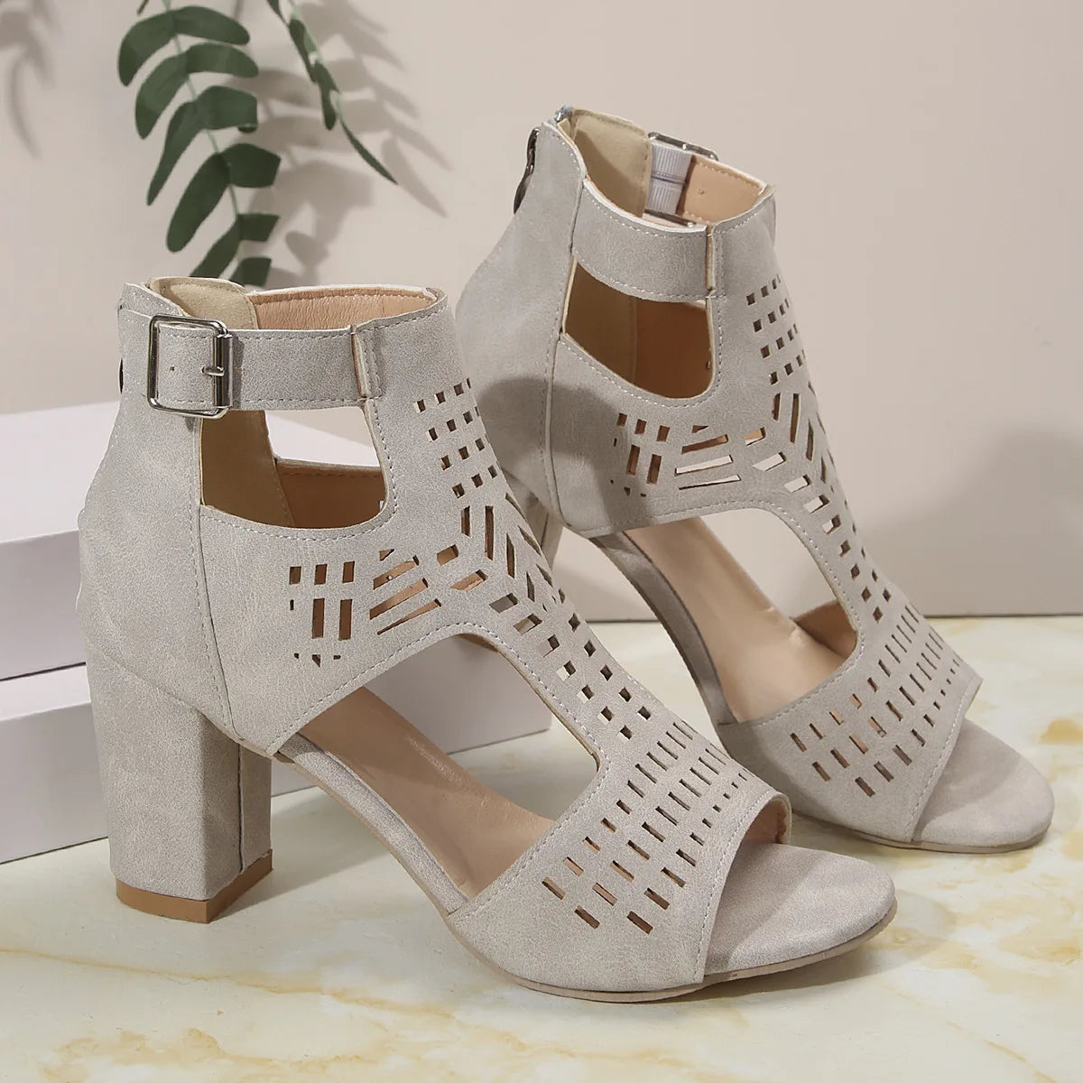 Women Fashion Strap Sexy High Heel Sandals Woman Roman Hollow Pumps Lace-up Peep Toe Sandals Casual Chunky High-heeled Sandals