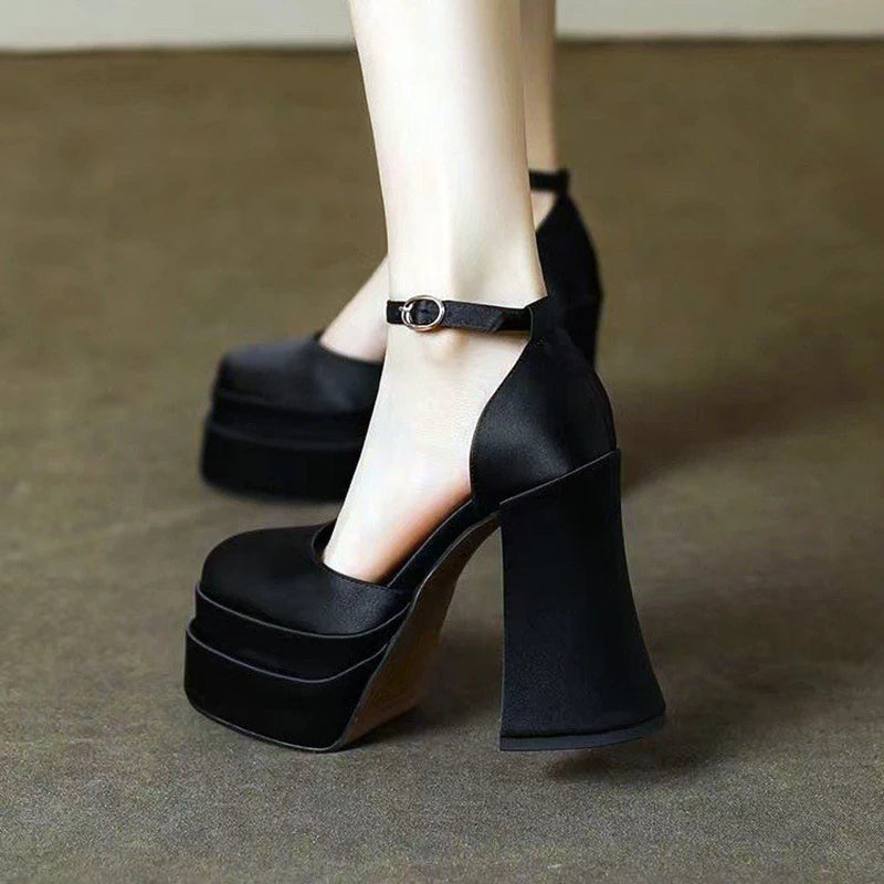 Women'S High Chunky Platform Closed Toe Block Heels Square Toe Ankle Strap Dress Wedding Party Prom Pumps Shoes