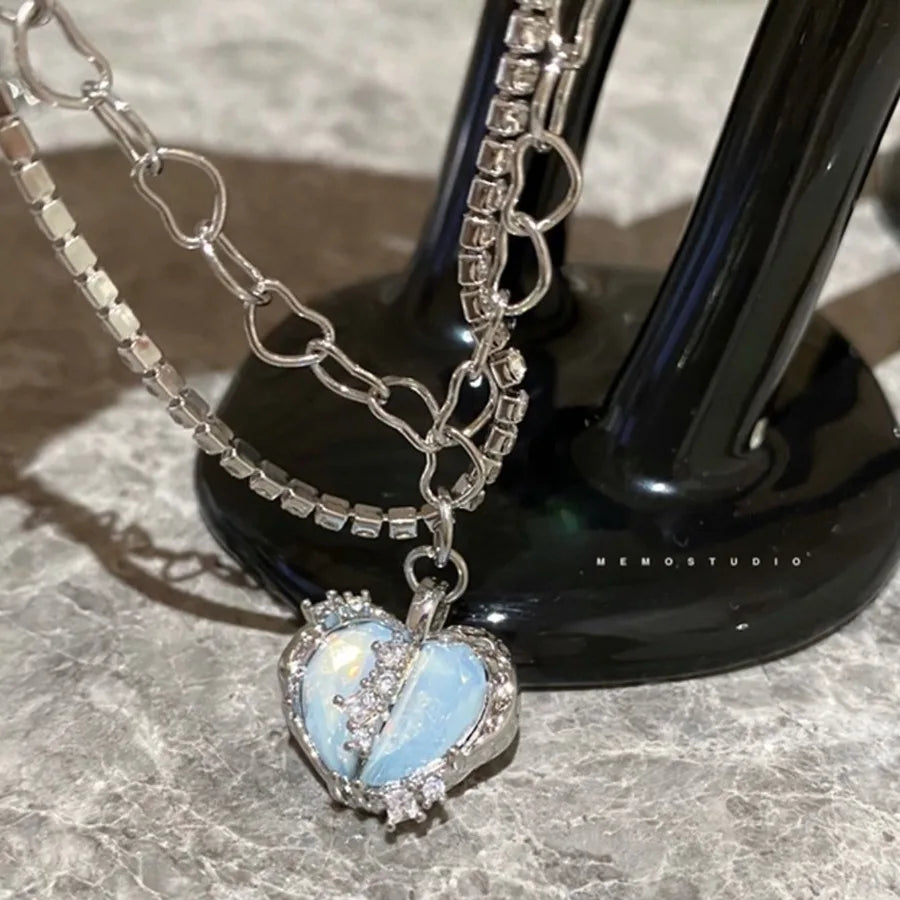 Shiny Stackable Necklace Heart Shape Pendant With Hollow Heart Shape Chain Lovely Neck Jewelry For Women Girls 1 Pc