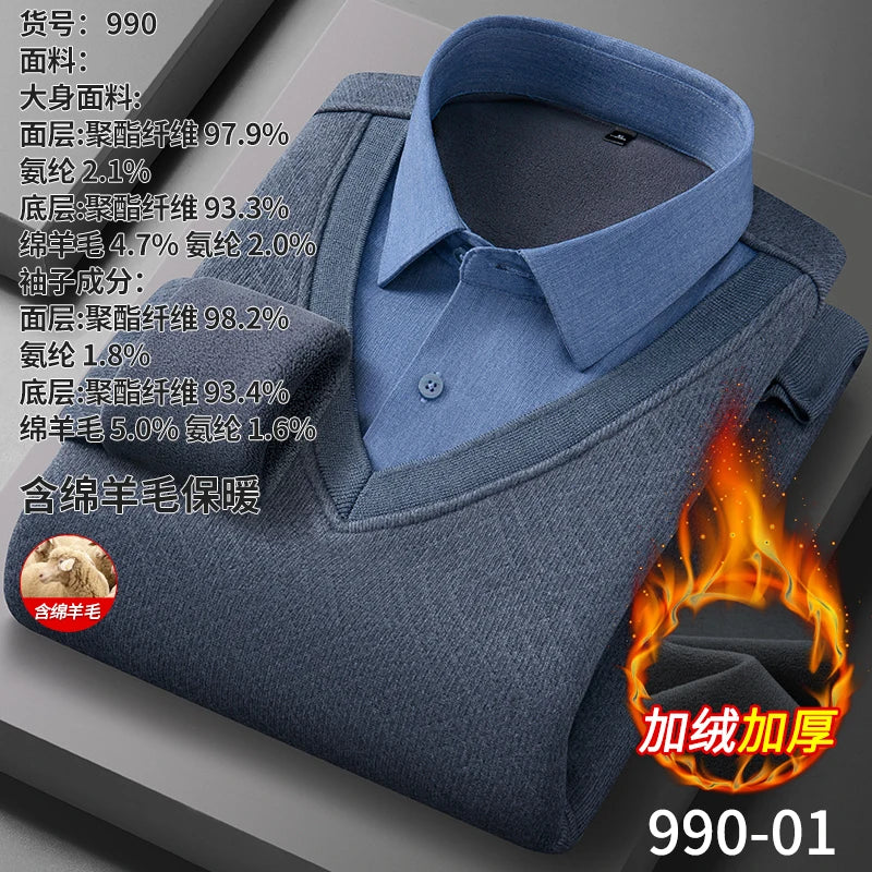 Men's long-sleeved shirt with wool, fleece, thickened, warm, casual, comfortable in winter, versatile and of high quality
