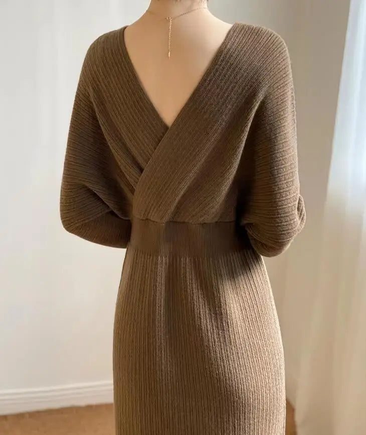 New Autumn/Winter Fashion Long Sleeve V-neck Knitted Solid Color Slim Fit Dress For Women,5 Colors