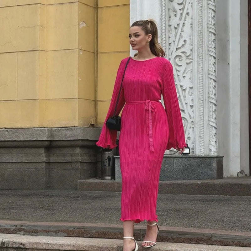 Autumn Winter Party Dress for Women 2025 Y2K INS Elegant Fashion Long Sleeve O Neck Lace Up Folds Evening Graduation Long Dress