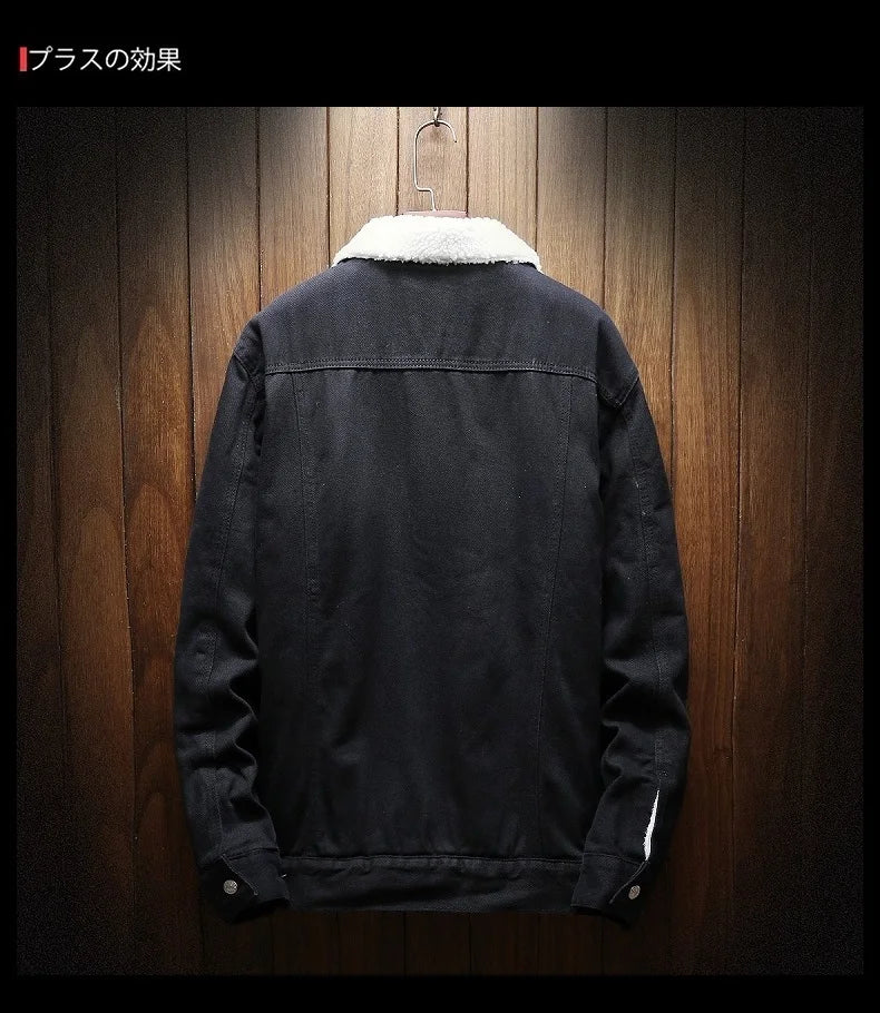 Winter Men's Fleece-Lined Denim Jacket Korean Fashion Windproof Warm Multi-Pocket Lapel Jacket Man High Street Vintage Jean Coat