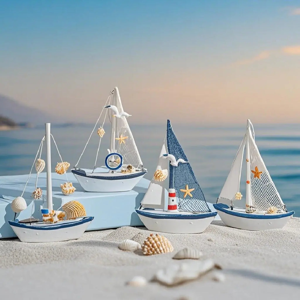 Mini Nautical Style Wooden Sailing Boat Ship-Nautical Blue Craft Ornament for Home Party Room Decoration Marine Themed Accents