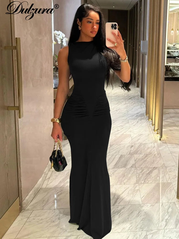 Dulzura Elegant Long Dress Ruched Bodycon Sleeveless Solid Dresses Lady Cocktail Party Wedding Guest Formal Women Clothes 2024