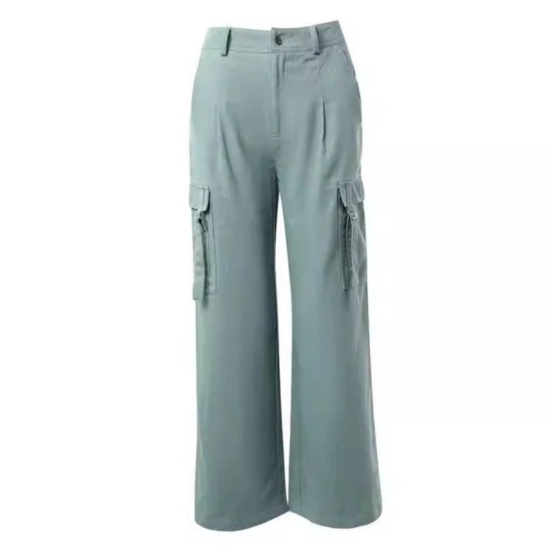 Fashion Retro Overalls Pants Multi-Pocket Casual Straight Pants High Street Women's Wide-Legged High Waisted Long Trousers