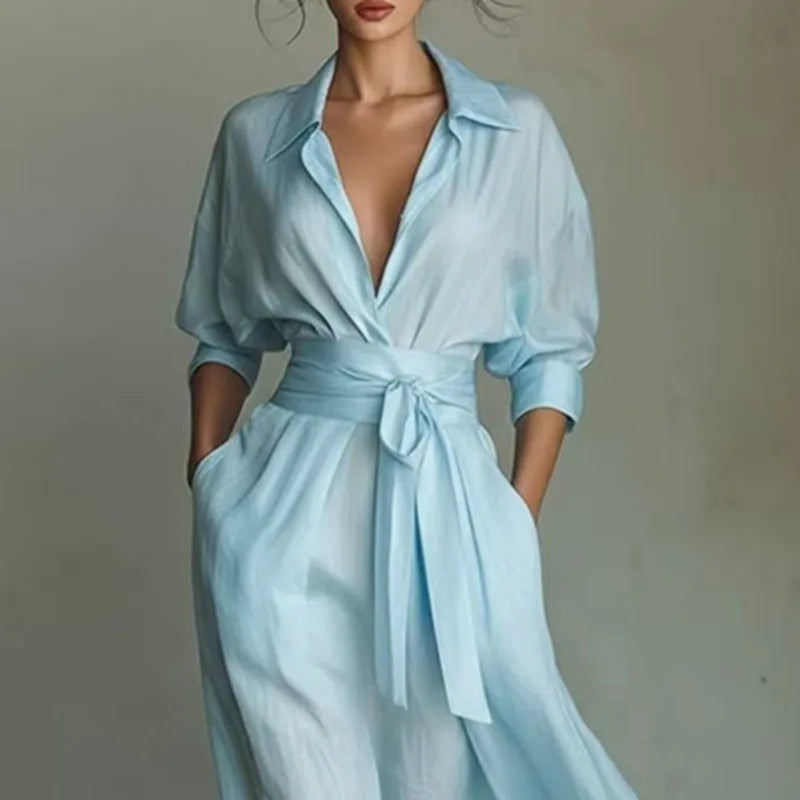 French Dresses Elegant Turn-down Collar High Waist Belted A-Line Party Dress Spring 3/4 Sleeve Pockets Bohemian Maxi Dress Mujer