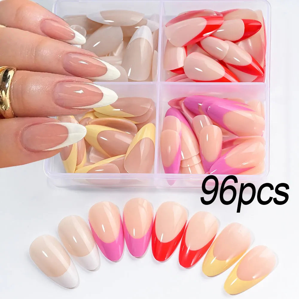 96Pcs/box Mixed Medium Almond French False Nails White/Red/Pink/Yellow French Press On Nails Full Cover Actylic Nail Fake Tips!5