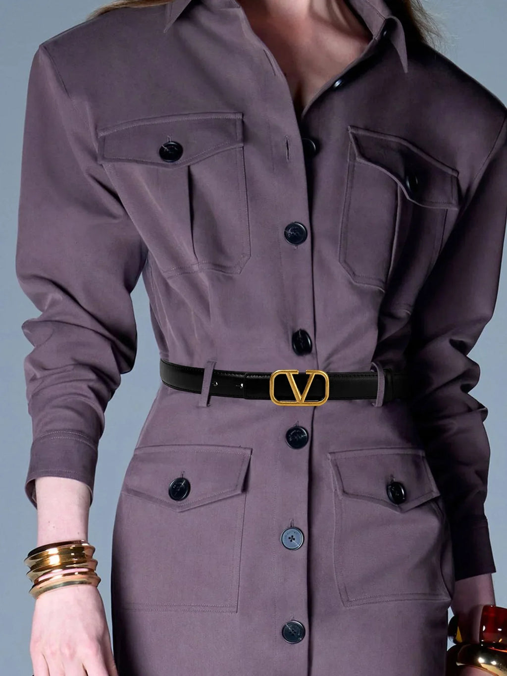 Women's belt with V letter alloy buckle, meticulously crafted from durable PU material. Featuring a sleek, modern design that ex