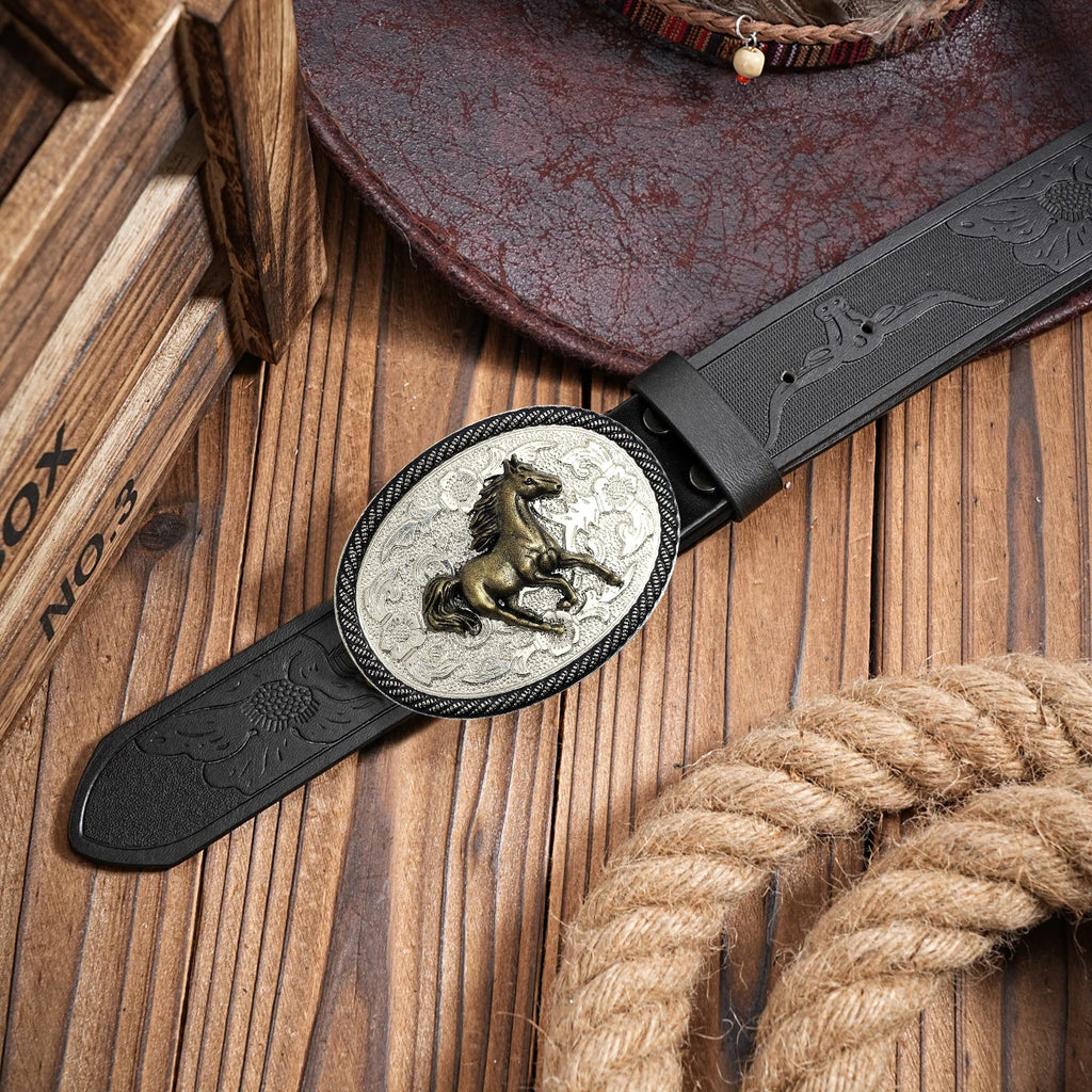 1pc men's Western style belt, horse, printed, pattern carved with flowers and long horn decorations, retro style, great Valentin