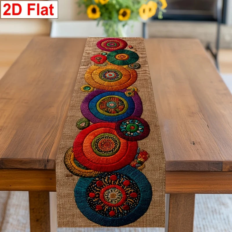 Boho Style Colorful Circular Pattern 2D Flat Table Runner Table Cover for Party Cafe Kitchen Dining Table Banquet  Decoration
