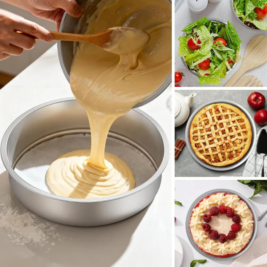 8 Inch Cake Pan Set of 4 Stainless Steel Round Layer Cake Baking Pans Molds Tins Stackable Even Heating Dishwasher Safe Non-Tox