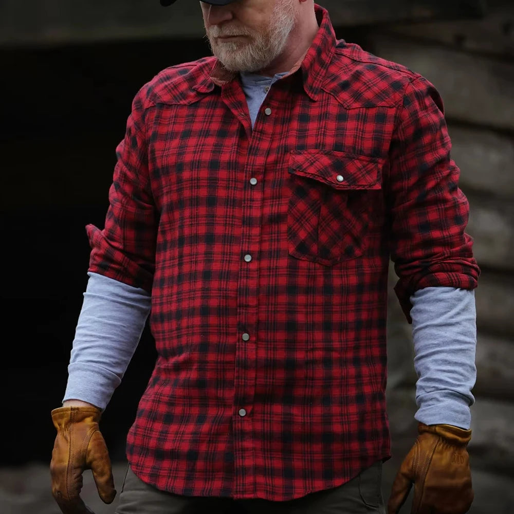 Men's Shirts Spring Flannel Long Sleeve Plaid Checkered Brushed Casual Western Cowboy Pearl Snap Shirt Popular Clothes US Size