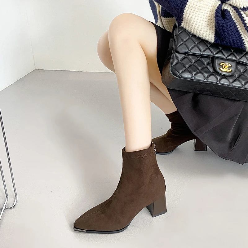Autumn Winter Suede Women Ankle Boots Sexy Thick High Heels Pointed Toe Shoes Modern Short Botas Para Mujer