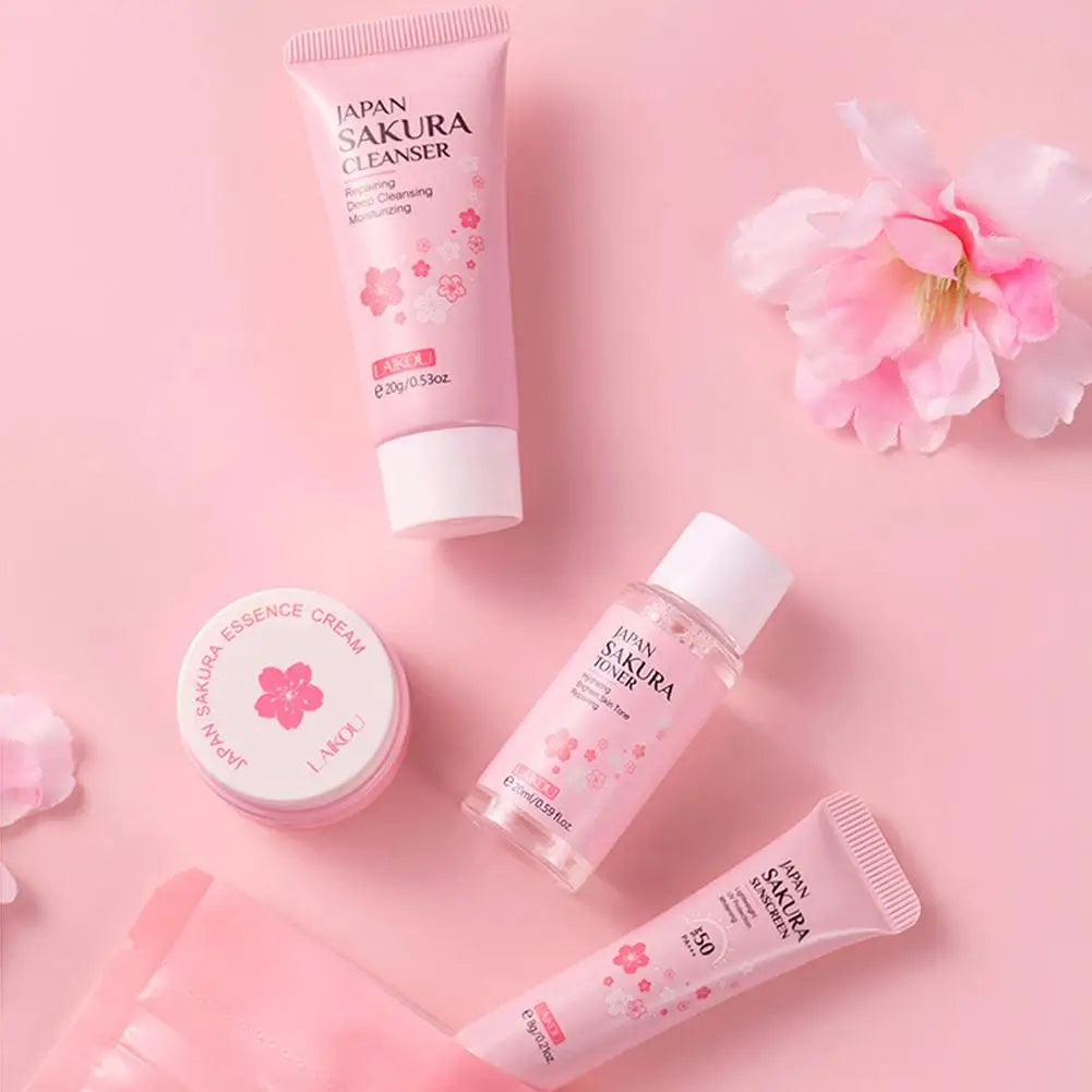 Sakura skin care sets with cleanser, serum, eye cream, facial cream, sunscreen beauty products for women, travel skin care kit