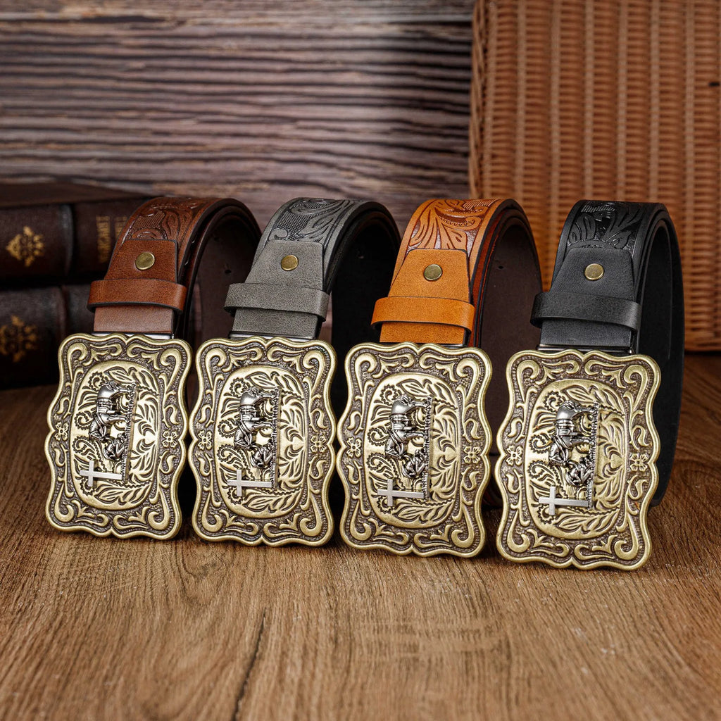 Wrangler men's belt, retro embossed personalized belt, Western denim large buckle punk style belt