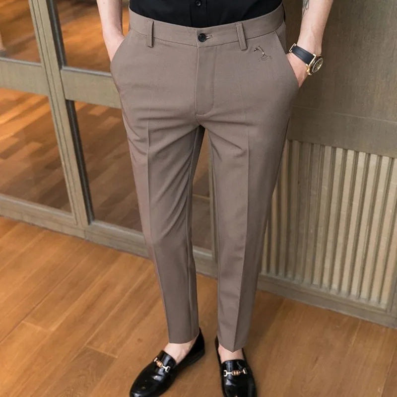 Trousers for Men Cropped Slim Fit Formal Work Casual Pants Man Dress Tailoring Baggy Polyester Slacks Korean Style Cotton Sale