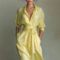 French Dresses Elegant Turn-down Collar High Waist Belted A-Line Party Dress Spring 3/4 Sleeve Pockets Bohemian Maxi Dress Mujer