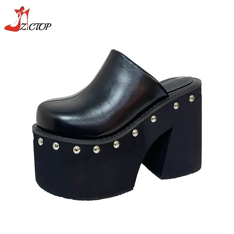 Women's Platform Sandals Black Gothic Closed Toe Chunky High Heels Slippers Rivet Slip On Y2k Punk Shoes Women Summer Size 41 42