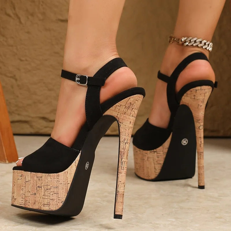 Eilyken New Summer Wood Grain Thin High Heels Sandals Women Chunky Platform Open Toe Buckle Strap Party Dress Shoes