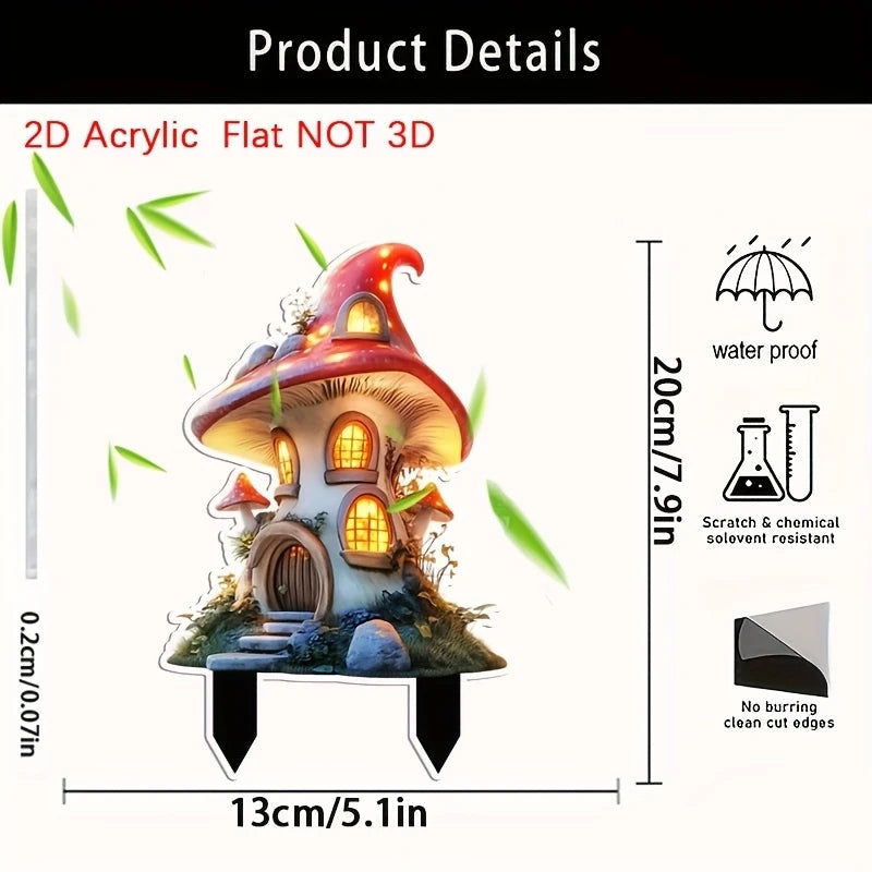 Bohemian Style 2D Fairy Tale Treehouse Cartoon Mushroom House Acrylic Bonsai Garden Decoration Waterproof Outdoor Lawn Art