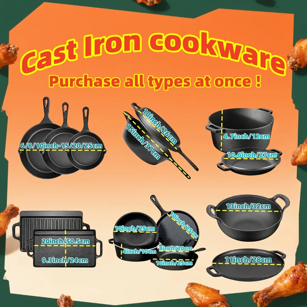 3-Piece Cast Iron Skillet Set (6/8/10 Inch) - Pre-Seasoned, Non-Stick, Heavy-Duty Pans for Oven, Grill & Campfire Cooking