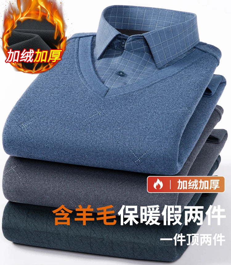 Men's long-sleeved shirt with wool, fleece, thickened, warm, casual, comfortable in winter, versatile and of high quality