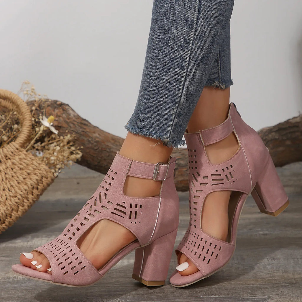 Women Fashion Strap Sexy High Heel Sandals Woman Roman Hollow Pumps Lace-up Peep Toe Sandals Casual Chunky High-heeled Sandals