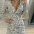 Sexy Deep V-Neck Silver Sequin Mini Bodycon Dress Spring Autumn Long Sleeve Party Dress Female