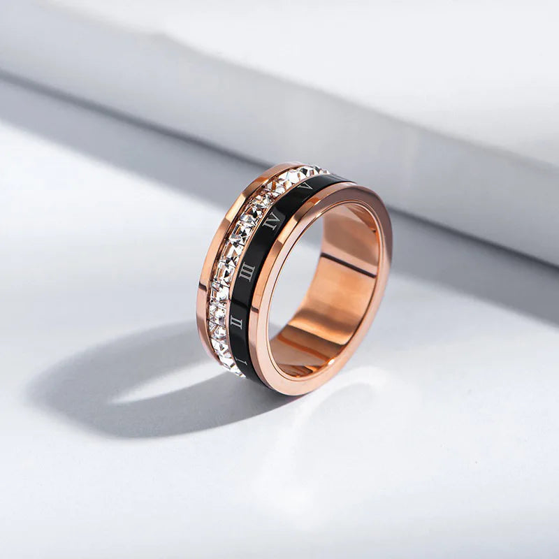 1 Piece of Niche Luxury Roman Numeral Double-Ring Titanium Steel Ring with Micro-Inlaid Zircon for Women, Suitable for Commuting and Street Style, Valentine's Day Gift