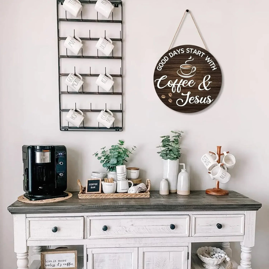 Rustic Wooden Coffee Themed Wall Plaque, Farmhouse Style Decor for Kitchen Home Office Cafe Coffee Bar Station, Ideal Housewarmi