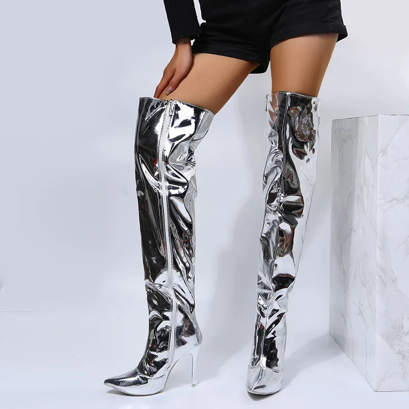 Heels Long Boots Women Autumn Winter Over-the-Knee exy Silver Mirror Thigh High Boots T Show Pointy Toe Casual  Club Party Shoes